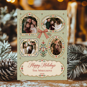 Grandmillennial Gingham Folk Art 4 Photos Christma Holiday Card
