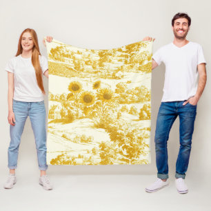 Grandmillennial Gold Sunflower Toile Pattern Fleece Blanket