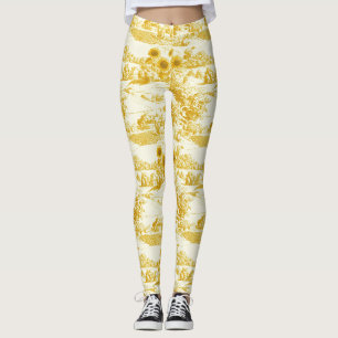 Grandmillennial Gold Sunflower Toile Pattern Leggings