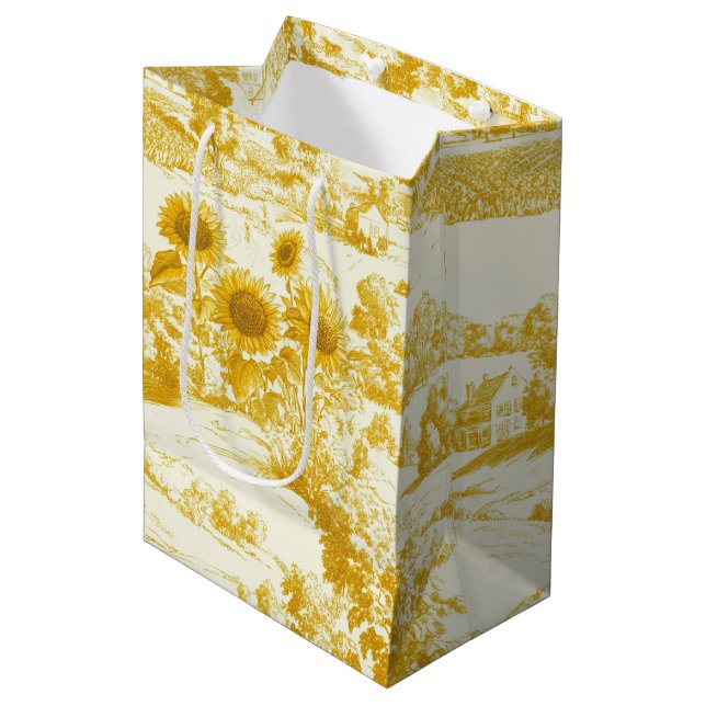 Grandmillennial Gold Sunflower Toile Pattern Medium Gift Bag (Front Angled)