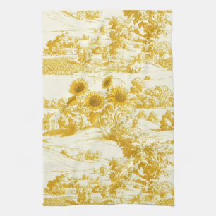 Grandmillennial Gold Sunflower Toile Pattern Tea Towel