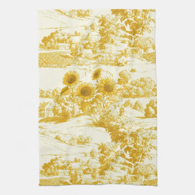 Grandmillennial Gold Sunflower Toile Pattern Tea Towel (Vertical)