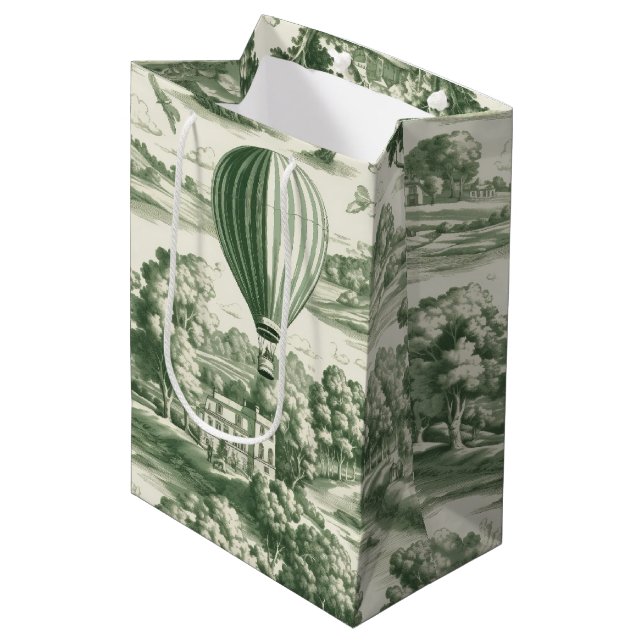 Grandmillennial Green French Toile Scenic Pattern Medium Gift Bag (Front Angled)
