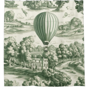 Grandmillennial Green French Toile Scenic Pattern Shower Curtain