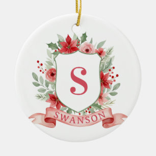 Grandmillennial Holiday Crest   Christmas Monogram Ceramic Tree Decoration