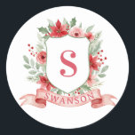 Grandmillennial Holiday Crest | Christmas Monogram Classic Round Sticker<br><div class="desc">This Christmas sticker has a preppy grandmillennial design featuring a floral crest surrounded with berries with a monogram letter in the center.</div>