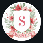 Grandmillennial Holiday Crest | Christmas Monogram Classic Round Sticker<br><div class="desc">This Christmas sticker has a preppy grandmillennial design featuring a floral crest surrounded with berries with a monogram letter in the center.</div>