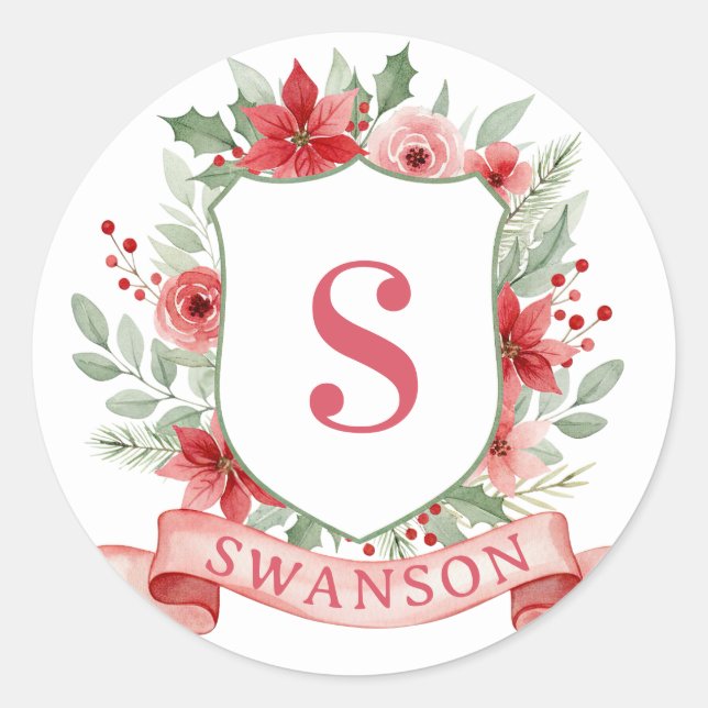 Grandmillennial Holiday Crest | Christmas Monogram Classic Round Sticker (Front)