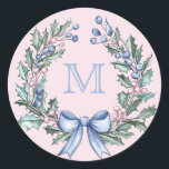 Grandmillennial  Holly Christmas Monogram Classic Round Sticker<br><div class="desc">This Christmas sticker has a preppy grandmillennial design featuring a holly frame with a blue monogram on a pink gingham background. You can personalise with a monogram.</div>