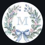 Grandmillennial  Holly Christmas Monogram Classic Round Sticker<br><div class="desc">This Christmas sticker has a preppy grandmillennial design featuring a holly frame with a blue monogram crest at the top. You can personalise with a monogram.</div>
