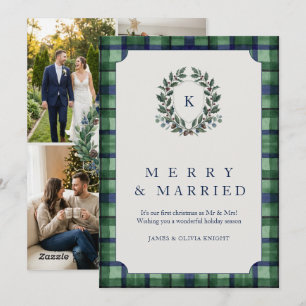 Grandmillennial Merry Married Tartan Monogram Holiday Card