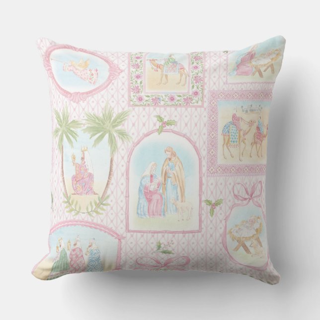 Grandmillennial Pastel Nativity Monogram Cushion (Front)