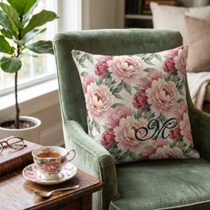Grandmillennial Peonies   Blush Cream Monogram Cushion