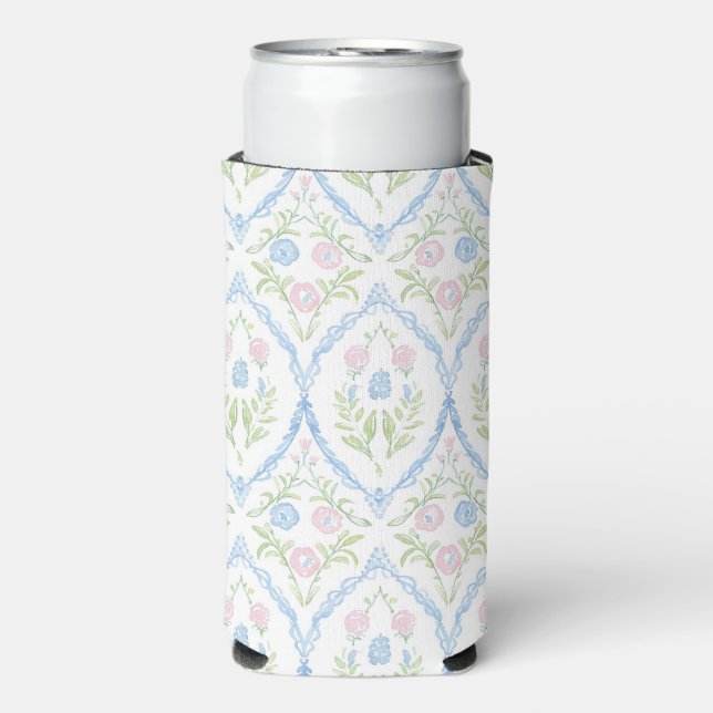 Grandmillennial Pink and Blue Floral Seltzer Can Cooler (Seltzer Front)