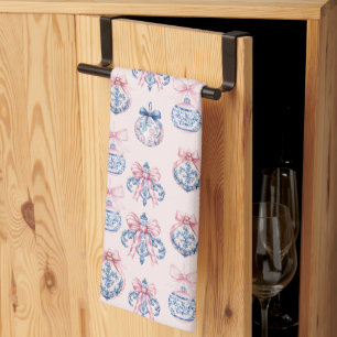 Grandmillennial Pink & Blue Christmas Ornaments Tea Towel