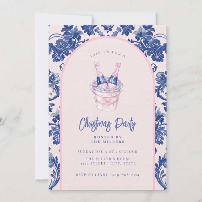 Grandmillennial Pink & Blue Damask Champagne Invitation (Front)