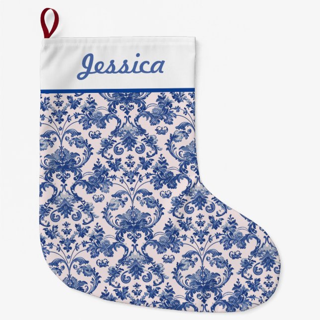 Grandmillennial Pink & Blue Damask Large Christmas Stocking (Front)