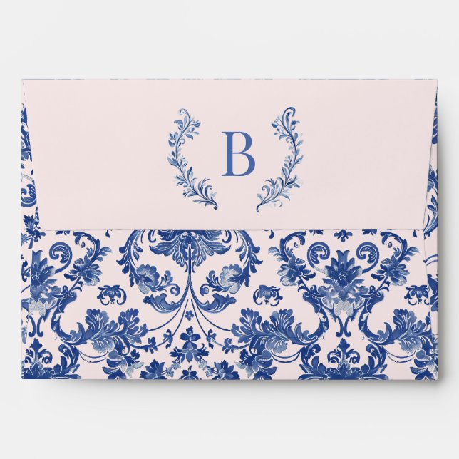 Grandmillennial Pink & Blue Damask Monogram Envelope (Back (Top Flap))