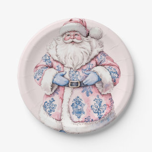 Grandmillennial Pink & Blue Damask Santa Claus Paper Plate