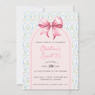 Grandmillennial Pink Bow Coquette Sweet 16 Invitation