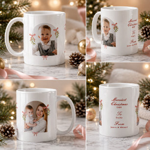 Grandmillennial Pink Bow Mistletoe Photo Christmas Coffee Mug