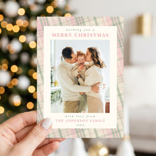 Grandmillennial Pink Green Plaid Christmas Photo Holiday Card