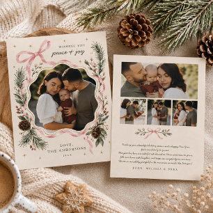 Grandmillennial Pink Ribbon Bow Watercolor Photo Holiday Card