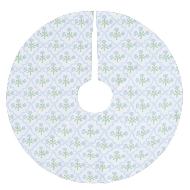 Grandmillennial Preppy Blue Hydrangeas Trellis Brushed Polyester Tree Skirt (Front)