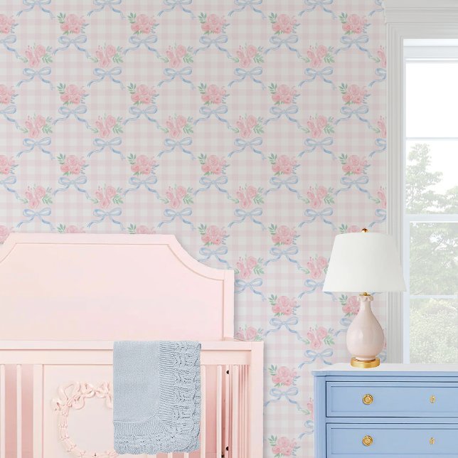 Grandmillennial preppy floral bows pink gingham wallpaper (Creator Uploaded)