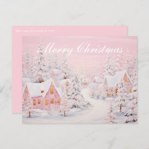 Grandmillennial Preppy Pink Christmas Village Holiday Postcard