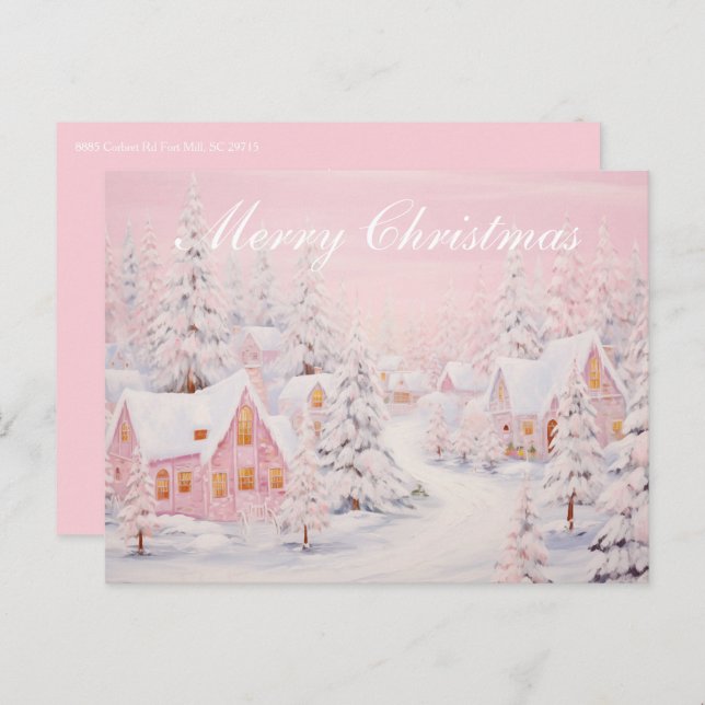 Grandmillennial Preppy Pink Christmas Village  Holiday Postcard (Front/Back)