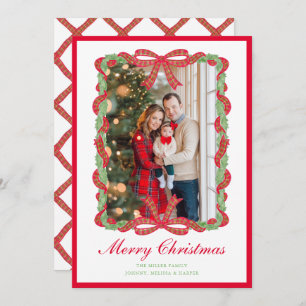 Grandmillennial Preppy Red Tartan Bow Garland Holiday Card