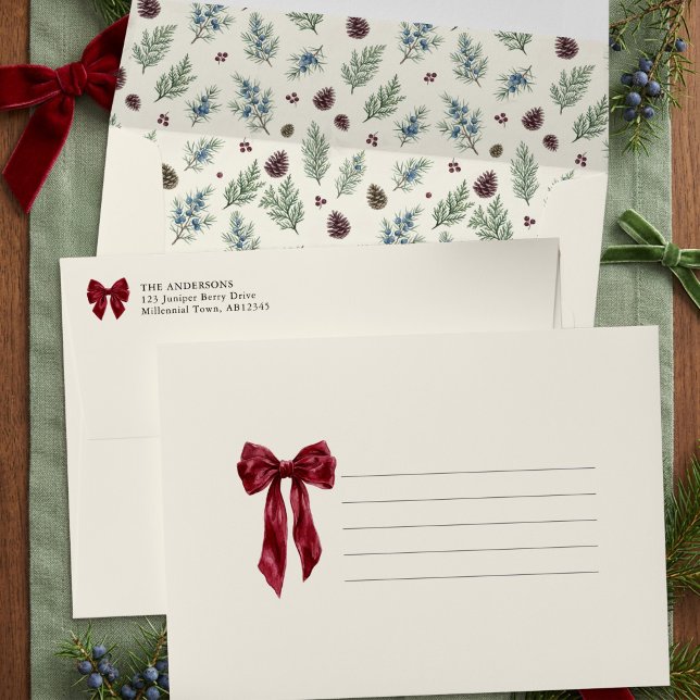Grandmillennial Red Bow Botanical Christmas Envelope (Christmas Bow Envelope from the Grandmillenial Botanical Bow Christmas collection by Darling & May)