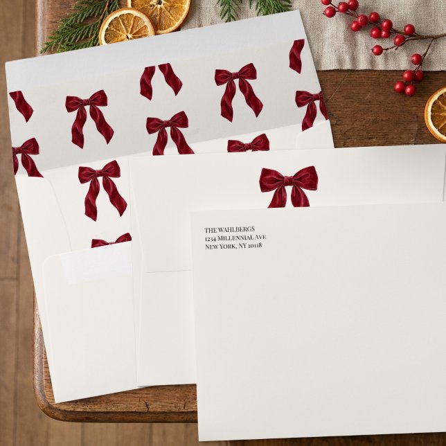 Grandmillennial Red Bow Return Address Cream Envelope (Red Bow Envelope from Grandmillenial Topiary Chinoiserie Christmas Collection by Darling & May)