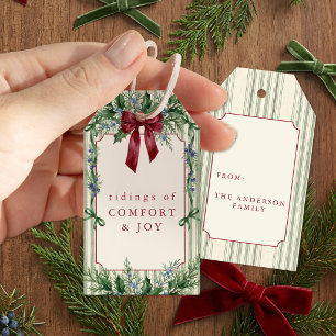 Grandmillennial Red Green Bow Botanical Christmas Gift Tags