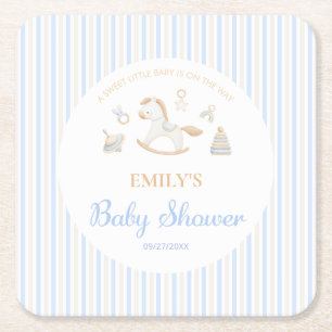 Grandmillennial Rocking Horse Baby Shower Square Paper Coaster