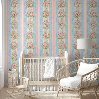 Grandmillennial Stripe Floral Blue Pink Wallpaper