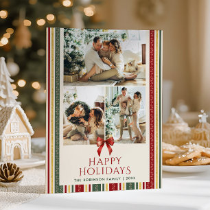 Grandmillennial Stripes Bow Happy Holidays 2 Photo Holiday Card