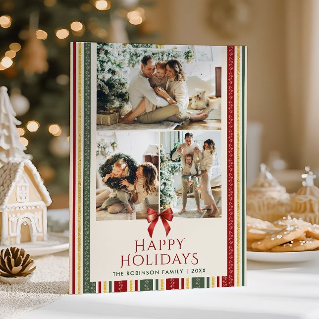 Grandmillennial Stripes Bow Happy Holidays 2 Photo Holiday Card (Creator Uploaded)