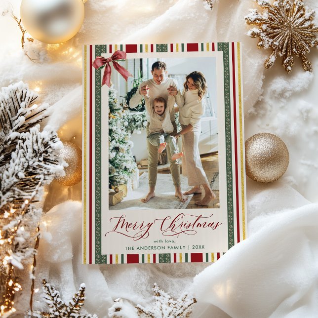 Grandmillennial Stripes Bow Merry Christmas Photo Holiday Card (Creator Uploaded)