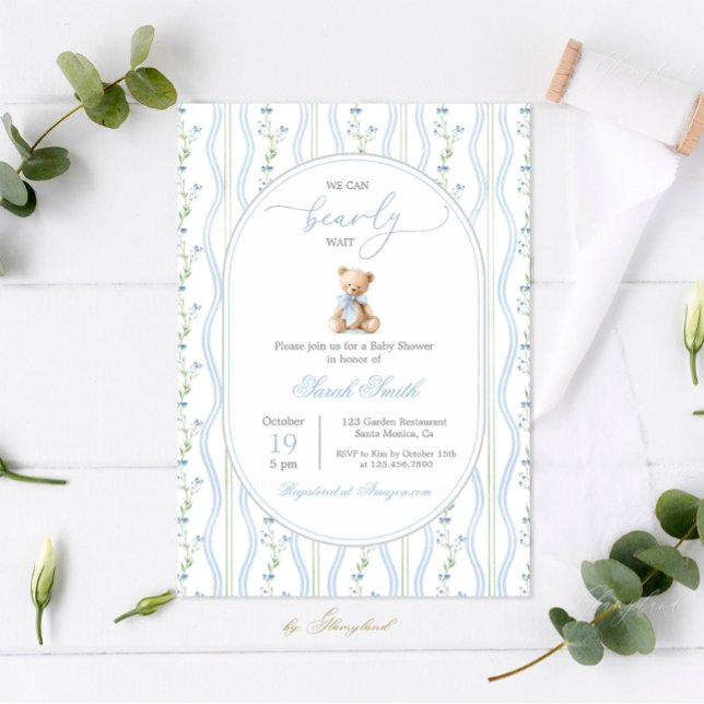 Grandmillennial Teddy Bear Baby Shower Boy Invitation (Creator Uploaded)