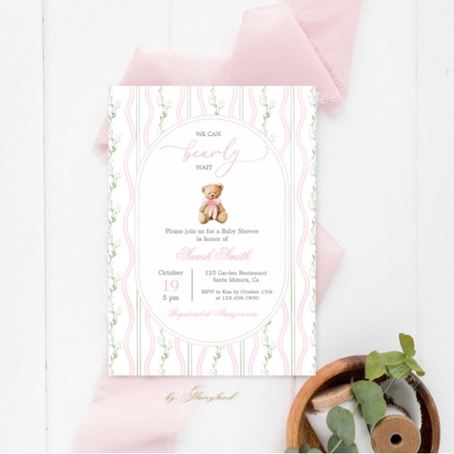 Grandmillennial Teddy Bear Baby Shower Girl Invitation (Creator Uploaded)