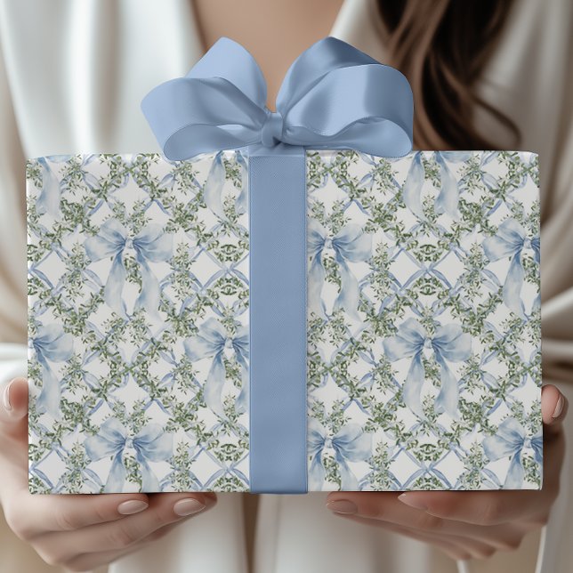 Grandmillennial Watercolor Blue Bow & Greenery Wrapping Paper (Creator Uploaded)