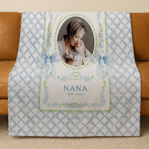 Grandmillennial Watercolor Bows Nana Photo Fleece Blanket