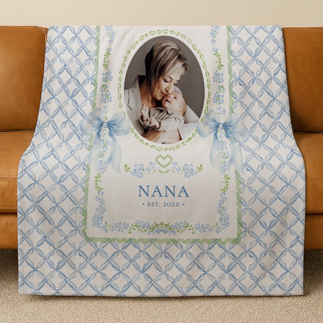 Grandmillennial Watercolor Bows Nana Photo Fleece Blanket (Creator Uploaded)
