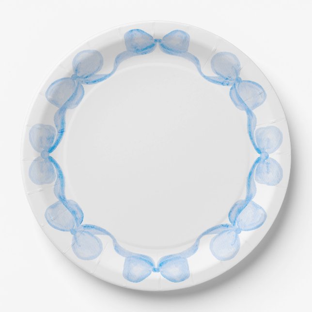 Grandmillennial Watercolor Bows Paper Plates (Front)