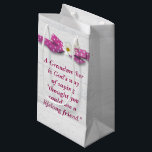 Grandmother Birthday with Polka Dot Ribbon  Small Gift Bag<br><div class="desc">Grandmother quote with pink and white polka dot ribbon and cosmos flower on light grey rustic barn wood.
Text can be edited.</div>
