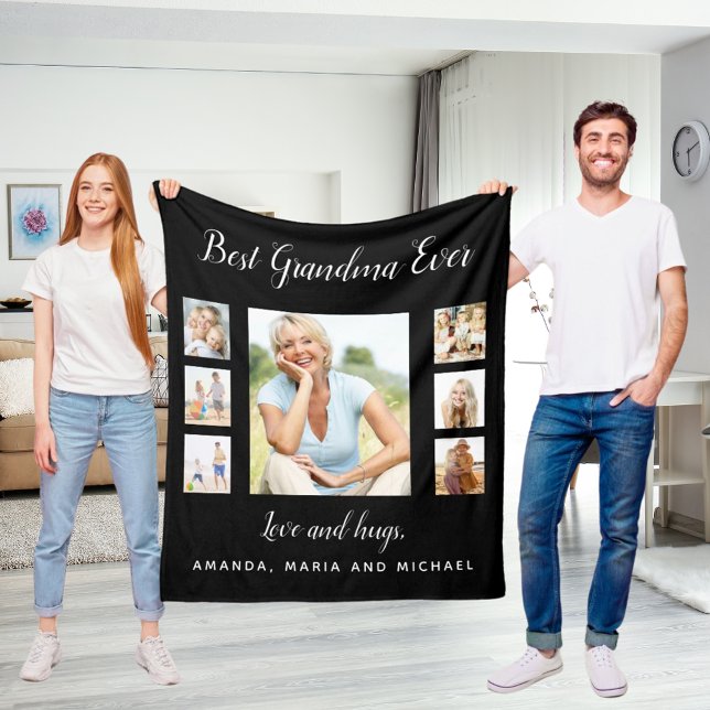 Grandmother black white photo collage grandkids fleece blanket (Creator Uploaded)