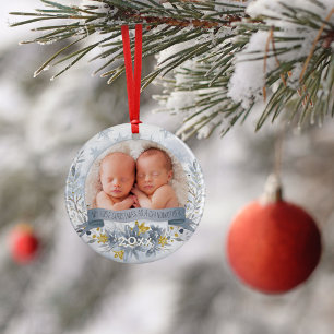 Grandmother First Christmas Blue Gold Floral Photo Ornament