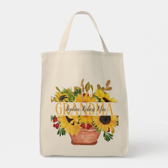 Grandmother Grandchildren Names Sunflowers Tote Bag (Back)